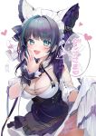  1girl :d animal_ears aqua_eyes azur_lane bare_shoulders black_dress black_hair breasts cat_ears cheshire_(azur_lane) cleavage detached_sleeves dress dress_lift fake_animal_ears fang garter_belt groin headdress highres large_breasts looking_at_viewer open_mouth shirako_sei short_hair sidelocks simple_background smile solo speech_bubble translation_request upper_body white_background wing_collar wrist_cuffs 