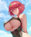  1girl arms_behind_back azto_dio bangs black_swimsuit blue_sky blush breasts closed_mouth earrings from_below highres homura_(xenoblade_2) jewelry large_breasts looking_at_viewer navel one-piece_swimsuit perky_breasts red_eyes red_hair short_hair sidelocks sky smile swept_bangs swimsuit tiara underboob xenoblade_(series) xenoblade_2 