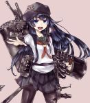  1girl akatsuki_(kantai_collection) anchor anchor_symbol badge black_legwear black_sailor_collar cannon flat_cap hair_between_eyes hat kantai_collection kurou_(bcrow) loafers long_hair machinery messy_hair neckerchief pantyhose pleated_skirt purple_eyes purple_hair red_neckwear sailor_collar school_uniform searchlight serafuku shield shoes skirt smokestack turret 