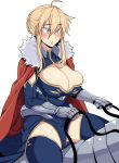  1girl ahoge aqua_eyes artoria_pendragon_(all) artoria_pendragon_(lancer) blue_legwear blue_leotard blush braid breasts cape cleavage_cutout commentary_request detached_sleeves eyebrows_visible_through_hair eyelashes fate/grand_order fate_(series) french_braid fur-trimmed_cape fur_trim gauntlets gold_trim hair_between_eyes highres holding_reins kook korean_commentary large_breasts leotard open_mouth red_cape sidelocks sitting skindentation solo thighhighs 