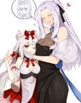  2girls ^_^ animal_ear_fluff animal_ears arm_ribbon azur_lane bangs bare_shoulders black_dress black_ribbon blush bow breasts cat_ears cleavage closed_eyes collarbone commentary_request cowboy_shot detached_sleeves dress dress_flower drunk eyebrows_visible_through_hair feather_boa gloves hair_between_eyes hair_bow hair_ribbon halter_dress hammann_(azur_lane) head_hug heart highres jewelry large_breasts long_hair marshall_k medium_breasts multiple_girls neck_ribbon necklace one_eye_closed open_mouth parted_bangs ponytail red_bow red_eyes ribbon sidelocks silver_hair simple_background sleeveless sleeveless_dress smile standing tassel thought_bubble twintails very_long_hair white_background white_dress white_gloves wide_sleeves yorktown_(azur_lane) yorktown_(evening_i_can&#039;t_remember)_(azur_lane) yukikaze_(azur_lane) yukikaze_(winter&#039;s_snowy_wind)_(azur_lane) |d 