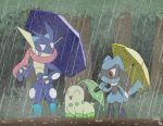  absurdres blue_footwear blue_umbrella boots chikorita forest gen_2_pokemon gen_4_pokemon gen_6_pokemon green_footwear greninja highres huge_filesize mud nature pokemon pokemon_(creature) pokemon_(game) rain riolu rubber_boots sobblefan umbrella water_drop wellington yellow_umbrella 