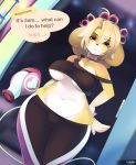  2020 animal_crossing anthro blonde_hair bottomwear breasts canid canine canis clothed clothing dialogue domestic_dog english_text female genitals hair hair_dryer hi_res isabelle_(animal_crossing) looking_at_viewer mammal nintendo pussy shih_tzu solo talking_to_viewer text topwear toy_dog tsampikos under_boob video_games 