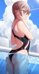  1girl ahoge ass back back_cutout bangs black_swimsuit brown_hair bubble caustics chigusa_minori competition_swimsuit cowboy_shot day dripping fingernails from_behind hair_over_one_eye hand_on_own_cheek hands_up highleg highleg_swimsuit highres looking_away mole mole_on_ass one-piece_swimsuit original outdoors parted_lips partially_underwater_shot pink_nails pool purple_eyes shiny shiny_skin short_hair skindentation solo standing starting_block striped sunlight swimsuit vertical_stripes wading water water_drop wet wet_clothes wet_hair wet_swimsuit 