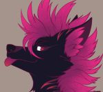  akari_(akariyeen) anthro black_body black_fur black_nose fluffy_ears fur grin hair headshot_portrait hyaenid male mammal mohawk_(hairstyle) multicolored_body multicolored_fur pink_eyes pink_hair portrait smile solo striped_body striped_fur striped_hyena stripes tongue tongue_out unknown_artist 