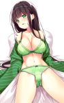  ama_usa_an_uniform ass_visible_through_thighs bed black_hair bra breasts cleavage gochuumon_wa_usagi_desu_ka? green_bra green_eyes green_kimono green_panties japanese_clothes kimono long_hair lying navel off_shoulder on_back open_clothes open_kimono open_mouth panties pillow polka_dot_trim sleeves_past_wrists smile striped striped_kimono thighs ujimatsu_chiya underwear usume_shirou 