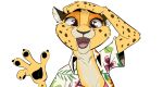  2020 4_fingers aloha_shirt anthro arm_tuft brown_spots cheek_tuft cheetah elbow_tufts facial_tuft felid feline female fingers fur hand_on_head headshot_portrait hi_res inner_ear_fluff looking_at_viewer mammal open_mouth open_smile pawpads portrait purple_eyes qalcove simple_background smile solo spots spotted_body spotted_fur tuft waving_at_viewer white_background yellow_body yellow_fur 