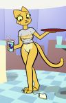  9:14 anthro aygee barefoot bethesda_softworks beverage bikini bikini_bottom blush clothing edit embarrassed felid female hi_res inside katia_managan khajiit mammal prequel shirt solo standing surprise swimwear the_elder_scrolls topwear video_games wardrobe_malfunction webcomic yellow_body 