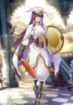  1girl artist_request baggy_pants blazblue blazblue_alternative:_dark_war blue_eyes blush book breasts dagger eyes gloves hair_tubes hat helmet highres long_hair looking_at_viewer official_art pants red_hair shield solo sword third-party_source tsubaki_yayoi weapon winged_hat winged_helmet 