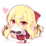  1girl bangs black_ribbon blonde_hair blush bow braid brown_legwear chibi colored_shadow commentary_request covered_mouth eyebrows_visible_through_hair hair_between_eyes hair_bow hair_ribbon hand_up heart jacket long_sleeves looking_at_viewer original outline pink_outline red_bow red_eyes red_footwear red_skirt ribbon shadow shikitani_asuka single_thighhigh skirt sleeves_past_fingers sleeves_past_wrists slit_pupils solo standing striped striped_bow thighhighs twitter_username white_background white_jacket 