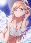  1girl absurdres ass_visible_through_thighs bare_arms bare_shoulders bikini blonde_hair blue_eyes blue_sky breasts cleavage closed_mouth cloud commentary_request commission day fairy_wings gokuu_(acoloredpencil) hat highres huge_filesize large_breasts leaning_forward lens_flare light_smile lily_white long_hair looking_at_viewer navel older outdoors sky solo sun sun_hat swimsuit touhou transparent_wings wading white_bikini white_headwear wings 