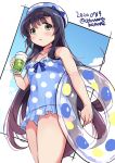  1girl alternate_costume black_hair blue_ribbon blush collarbone cowboy_shot dated drinking_straw eyebrows_visible_through_hair gradient_hair green_eyes hat holding_drink innertube kantai_collection long_hair matsuwa_(kantai_collection) multicolored_hair odawara_hakone parted_lips polka_dot_headwear ribbon sailor_hat solo twitter_username 