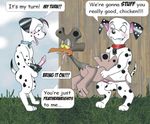  avian balls bird canine chicken dalmatian dialog disney dog domino domino_(character) eric_the_red female feral fucked_silly humor interspecies little_dipper male mammal penis photo_background piercing pun sex spot sweat text 