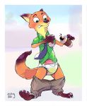  2020 3_toes 4_fingers anthro beverage blush bodily_fluids border canid canine clothed clothing coffee coffee_cup diaper disney extry fingers fox fur genital_fluids green_clothing green_eyes green_shirt green_topwear hi_res male mammal nick_wilde orange_body orange_fur pants_down partially_clothed shirt solo spilling_drink toes topwear urine wardrobe_malfunction wet_diaper wetting white_border zootopia 