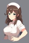  1girl alternate_costume braid breasts brown_hair dress eyebrows_visible_through_hair gloves gradient gradient_background green_eyes green_gloves grey_background hair_between_eyes hat highres kantai_collection long_hair looking_at_viewer medium_breasts noshiro_(kantai_collection) nurse nurse_cap senbei_(senbe_i) short_sleeves simple_background solo twin_braids uniform upper_body white_dress 