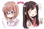  &gt;_o 2girls alternate_hairstyle arrow_(symbol) bangs black-framed_eyewear black_hair blush breasts brown_sailor_collar character_name collared_shirt commentary_request copyright_name cropped_torso double_v eyebrows_visible_through_hair glasses hairstyle_switch himawari-san himawari-san_(character) kazamatsuri_matsuri light_brown_hair long_hair looking_at_viewer medium_breasts medium_hair multiple_girls neckerchief one_eye_closed purple_eyes red_neckwear sailor_collar school_uniform serafuku shirt side-by-side simple_background sugano_manami translation_request v white_background white_shirt 