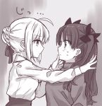  2girls ahoge artoria_pendragon_(all) blush braid eye_contact fate/stay_night fate_(series) french_braid from_side greyscale hair_between_eyes highres long_hair looking_at_another monochrome multiple_girls saber sidelocks sweat tanka_kikurage tohsaka_rin touching_another&#039;s_chin wall_slam yuri 