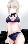  1girl arms_behind_back artoria_pendragon_(all) bangs black_ribbon blue_bra blue_panties bra breasts choker closed_mouth covered_nipples cowboy_shot eyebrows_visible_through_hair fate/stay_night fate_(series) frilled_bra frills frown hair_between_eyes highres looking_at_viewer maid_headdress navel neck_ribbon panties ribbon saber_alter short_hair_with_long_locks silver_hair small_breasts solo standing suzuakks underboob underwear underwear_only white_background yellow_eyes 