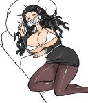  black_hair black_skirt bra couch hair_ribbon highres invader kamado_nezuko kimetsu_no_yaiba long_hair looking_at_viewer lying monster_energy office_lady older on_back on_couch open_clothes open_shirt pillow pink_eyes ribbon shirt skirt unbuttoned underwear v waking_up white_bra white_shirt 