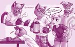  2020 ? animal_crossing anthro beverage bottomwear clothing coffee coffee_mug coffee_pot dialogue domestic_cat duo english_text eyewear felid feline felis glasses hands_on_hips hi_res kmicamica male mammal marshal_(animal_crossing) nintendo phone raymond_(animal_crossing) rodent sciurid shorts text video_games 