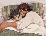 2boys beard bed black_hair blanket brown_hair cassidy_(overwatch) couple earrings english_commentary facial_hair fingernails hanzo_(overwatch) heads_together jewelry lying male_focus multiple_boys on_bed on_person on_side overwatch pillow shirt sleeping sleeping_on_person strawberry_napa tassel white_shirt yaoi 