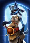  absurd_res anthro armor arrowdark belly belt big_belly blue_body blue_fur castle clothed clothing fan_character female female/female fur hand_on_sword hi_res jewelry leather leather_armor looking_at_viewer lucario melee_weapon moon necklace nintendo pok&eacute;mon pok&eacute;mon_(species) pregnant raised_tail red_eyes solo sword video_games viking weapon 