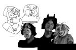  animal_humanoid anthro armor duo english_text female hair headgear helmet hi_res humanoid male mammal melissa_mouffette mephitid mike_and_melissa mike_chenoweth monochrome shitpost simple_background skunk stingercorps text 