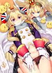  2girls animal_ears azur_lane bangs bed_sheet bird black_hairband black_panties blonde_hair blunt_bangs blush cat_ears character_name chick closed_mouth crown detached_sleeves eyebrows_visible_through_hair fang fang_out flag_print gloves hair_between_eyes hairband headgear jacket long_hair looking_at_viewer lying manjuu_(azur_lane) mini_crown multiple_girls no_pants nose_blush on_back on_stomach panties panty_pull pillow print_pillow pulled_by_self purple_eyes purple_jacket queen_elizabeth_(azur_lane) scarf side-tie_panties smile striped striped_hairband super_zombie underwear union_jack very_long_hair warspite_(azur_lane) white_gloves 