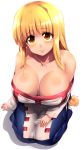  1girl arc_the_lad arc_the_lad_ii bare_shoulders blonde_hair blush braid breasts brown_eyes cleavage closed_mouth collarbone dress highres large_breasts lieza long_hair looking_at_viewer low-tied_long_hair simple_background single_braid smile solo tokyo_(great_akuta) very_long_hair white_background 