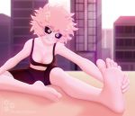  1girl antennae ashido_mina bare_arms bare_hips bare_legs barefoot black_sclera blush boku_no_hero_academia breasts building cleavage clenched_teeth collarbone exercise eyebrows_visible_through_hair eyelashes feet fingernails flareless hands_on_feet highres huge_filesize knees medium_breasts navel no_legwear no_shoes no_socks pink_hair pink_skin short_hair shorts sitting soles solo solo_focus stretch struggling sunlight sweat sweatdrop tank_top teeth thighs toenails toes watermark yellow_eyes 