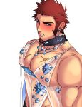  1boy abs artoria_pendragon_(all) artoria_pendragon_(lancer_alter) artoria_pendragon_(lancer_alter)_(cosplay) bara bare_shoulders blue_eyes blush brown_hair chest cosplay crossdressing earrings facial_hair fate/grand_order fate_(series) goatee highres jewelry k_ei3k looking_at_viewer male_focus muscle napoleon_bonaparte_(fate/grand_order) necklace pectorals revealing_clothes royal_icing scar see-through sideburns solo white_background 