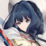  1girl arknights astesia_(arknights) bangs beige_background blue_eyes blue_hair braid capelet closed_mouth diamond-shaped_pupils diamond_(shape) english_commentary eyebrows_behind_hair hat holding holding_sword holding_weapon long_hair puffy_short_sleeves puffy_sleeves shiryuu_akira short_sleeves simple_background smile solo sword symbol-shaped_pupils weapon white_capelet white_headwear 