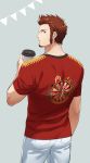  1boy 47 beard blue_eyes brown_hair circus commentary_request cup drinking epaulettes facial_hair fate/grand_order fate_(series) looking_at_viewer male_focus napoleon_bonaparte_(fate/grand_order) pants shirt short_sleeves simple_background solo 