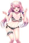  1girl bangs bare_shoulders bikini black_bikini blush bracelet breasts cleavage flower frilled_bikini frills front-tie_top garters hair_flower hair_ornament highres jewelry large_breasts leaning_forward long_hair low_twintails luka_(soccer_spirits) official_art open_mouth pink_eyes pink_hair reason_(ficafe) side-tie_bikini simple_background soccer_spirits solo string_bikini swept_bangs swimsuit thighhighs twintails untied very_long_hair 