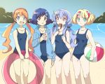  4girls artist_name ball bare_shoulders beach beyblade beyblade:_burst blonde_hair blue_eyes blue_hair breasts chankyone character_name chocolate cup floating floating_object formal green_eyes group_picture hairband happy holding ichika_kindo legs light long_hair multiple_girls nishiro_nya ocean open_eyes open_mouth orange_hair purple_eyes raika_(beyblade) red_hair shasa_gooden short_hair short_twintails sky small_breasts suit swimsuit twintails water 