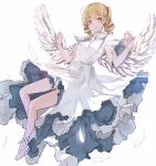  1girl angel_wings bangs blonde_hair dress drill_hair high_heels highres jessica_(jinrou_judgment) jinrou_judgment long_dress long_hair looking_at_viewer neco_(nhve3735) simple_background smile solo white_background white_dress wings 