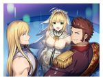  1girl 2boys 47 ahoge bangs beard blonde_hair blue_eyes breasts brown_hair chest cleavage facial_hair fate/extra fate/extra_ccc fate/grand_order fate_(series) fionn_mac_cumhaill_(fate/grand_order) green_eyes hair_between_eyes long_hair long_sleeves looking_at_viewer multiple_boys napoleon_bonaparte_(fate/grand_order) nero_claudius_(bride)_(fate) nero_claudius_(fate)_(all) open_mouth short_hair sleeveless smile very_long_hair 