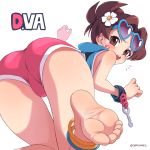  /\/\/\ 1girl ass barefoot brown_eyes brown_hair character_name d.va_(overwatch) facepaint feet flower hair_flower hair_ornament heart heart-shaped_pupils highres looking_at_viewer looking_back overwatch oyatsu_(mk2) short_shorts shorts soles solo symbol-shaped_pupils toes whisker_markings 