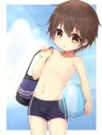  1boy bag ball bangs beachball blush brown_eyes brown_hair day highres looking_at_viewer male_swimwear meranoreuka_(naokentak) navel nipples original outdoors sky solo swim_briefs swimsuit swimwear water 