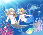  2girls air_bubble alice_margatroid alternate_form blonde_hair blue_eyes blurry blurry_background braid breasts bubble collarbone commentary_request coral freediving hair_ribbon hairband head_fins holding_hands kirisame_marisa light_rays long_hair looking_at_another medium_breasts mermaid monster_girl monsterification multiple_girls navel open_mouth ribbon sasawa_chaco school_of_fish shell shell_bikini single_braid small_breasts sunbeam sunlight test_tube touhou tress_ribbon underwear yellow_eyes 