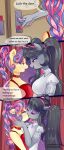  9:21 absurd_res anthro anthrofied big_breasts bonbon_(mlp) bow_tie braided_hair breasts comic curtains dialogue english_text equid equine female female/female french_kissing friendship_is_magic hair hasbro hi_res inside kissing larger_female mammal my_little_pony night octavia_(mlp) pigtails size_difference smaller_female text window xjenn9 