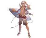  1boy alternate_costume anklet arm_up belt facing_viewer fake_wings full_body granblue_fantasy holding_surfboard jewelry lucio_(granblue_fantasy) male_focus minaba_hideo navel necklace no_nipples official_art open_clothes open_shirt parted_lips sandals shorts solo sunglasses surfboard sweat tan transparent_background white_hair wings 