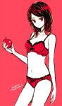  1girl apple artist_name black_bow black_hair bow bow_bra bow_panties bra breasts cleavage commentary cowboy_shot food fruit holding holding_food looking_at_viewer medium_breasts medium_hair multicolored_hair navel original panties red_bra red_eyes red_hair red_panties simple_background sketch solo standing stomach sugano_manami two-tone_hair underwear underwear_only 