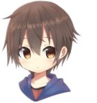  1boy :&lt; bangs blush brown_eyes brown_hair collarbone hair_between_eyes hood hoodie looking_at_viewer meranoreuka_(naokentak) original simple_background solo white_background 