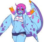  2019 absurd_res anthro big_tail cteno eyewear female flat_chested glasses hair hi_res humanoid midriff monster navel purple_hair red_eyes simple_background slugbox solo thick_tail white_background yellow_sclera 
