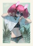  1girl arms_up bikini bikini_under_clothes biting biting_clothes character_request collar copyright_request ear_piercing earrings floral_print hair_ornament jewelry looking_at_viewer mgg_(x_arte) mouth_hold navel piercing pink_hair plant round_eyewear shirt_lift short_twintails solo sunglasses swimsuit swimsuit_under_clothes twintails 