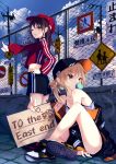  2girls bare_shoulders black_shorts blonde_hair blue_sky blush breasts brown_hair bubble_blowing casual chain-link_fence chewing_gum cleavage cloud collarbone commentary cropped_jacket day english_text fence hair_bun hakurei_reimu hand_on_hip hat heart highres hitchhiking jacket kirisame_marisa long_hair long_sleeves medium_hair midriff multiple_girls off_shoulder on_ground open_mouth orange_hair outdoors ponytail red_eyes red_headwear red_jacket shirt shoes shorts sign sitting sky sneakers thighs thumbs_up touhou translated white_shirt yamanakaume 