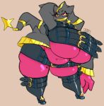  anthro belly belt belt_bra big_breasts breasts brown_background clothed clothing female hand_behind_head huge_breasts jinti_(artist) mega_banette mega_evolution nintendo pink_body pink_sclera pink_skin pok&eacute;mon pok&eacute;mon_(species) signature simple_background solo thick_thighs under_boob video_games 