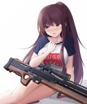  1girl blush breasts bullpup cosplay embarrassed frown girls_frontline gun hand_on_own_chest highres keenh large_breasts long_hair looking_away nose_blush open_mouth ponytail purple_hair raglan_sleeves red_eyes rifle scope shirt short_sleeves simple_background sitting sniper_rifle solo sugoi_dekai thighs uzaki-chan_wa_asobitai! uzaki_hana uzaki_hana_(cosplay) v-shaped_eyebrows very_long_hair wa2000_(girls_frontline) walther walther_wa_2000 weapon white_background white_shirt 