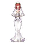  1girl dress fire_emblem fire_emblem:_mystery_of_the_emblem fire_emblem_heroes full_body hands_together highres holding lena_(fire_emblem) long_hair looking_at_viewer official_art red_eyes red_hair smile solo staff transparent_background white_dress 